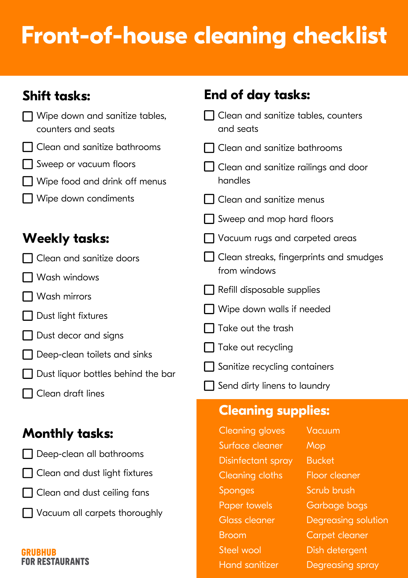 A 5star restaurant kitchen cleaning checklist Grubhub